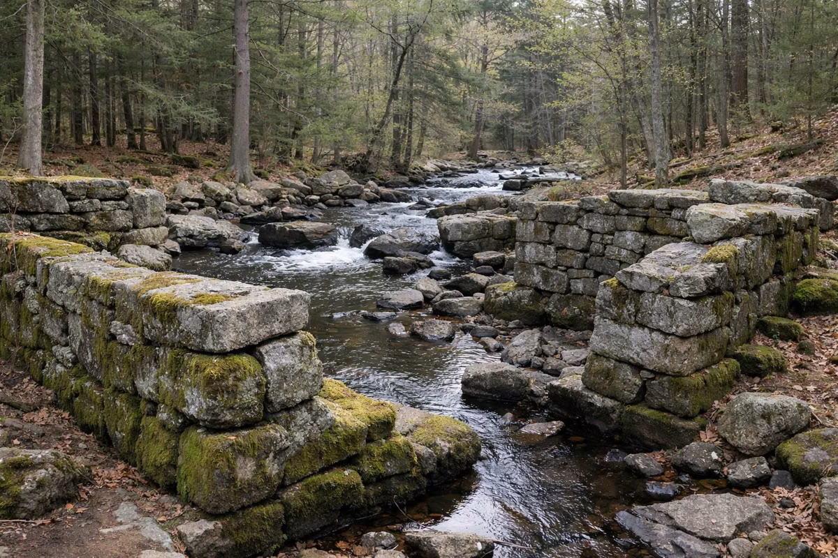 Mossy stone foundation walls of an old mill beside a woodland brook
