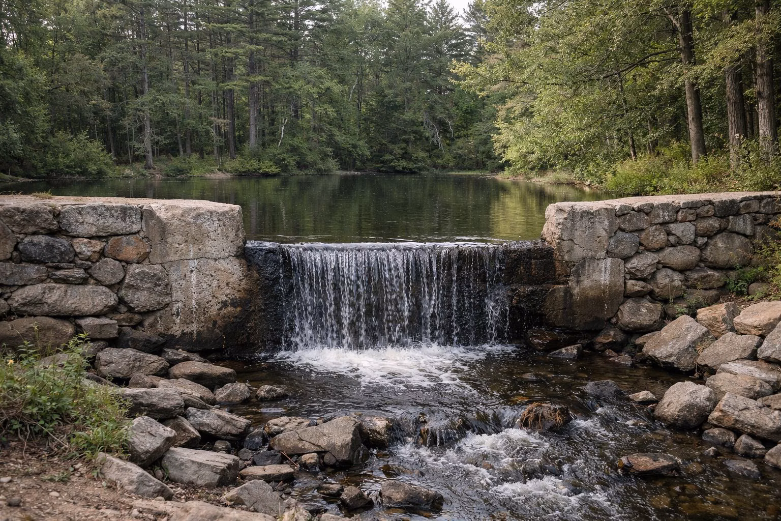 An old fieldstone and concrete dam with a small spillway at a woodland pond