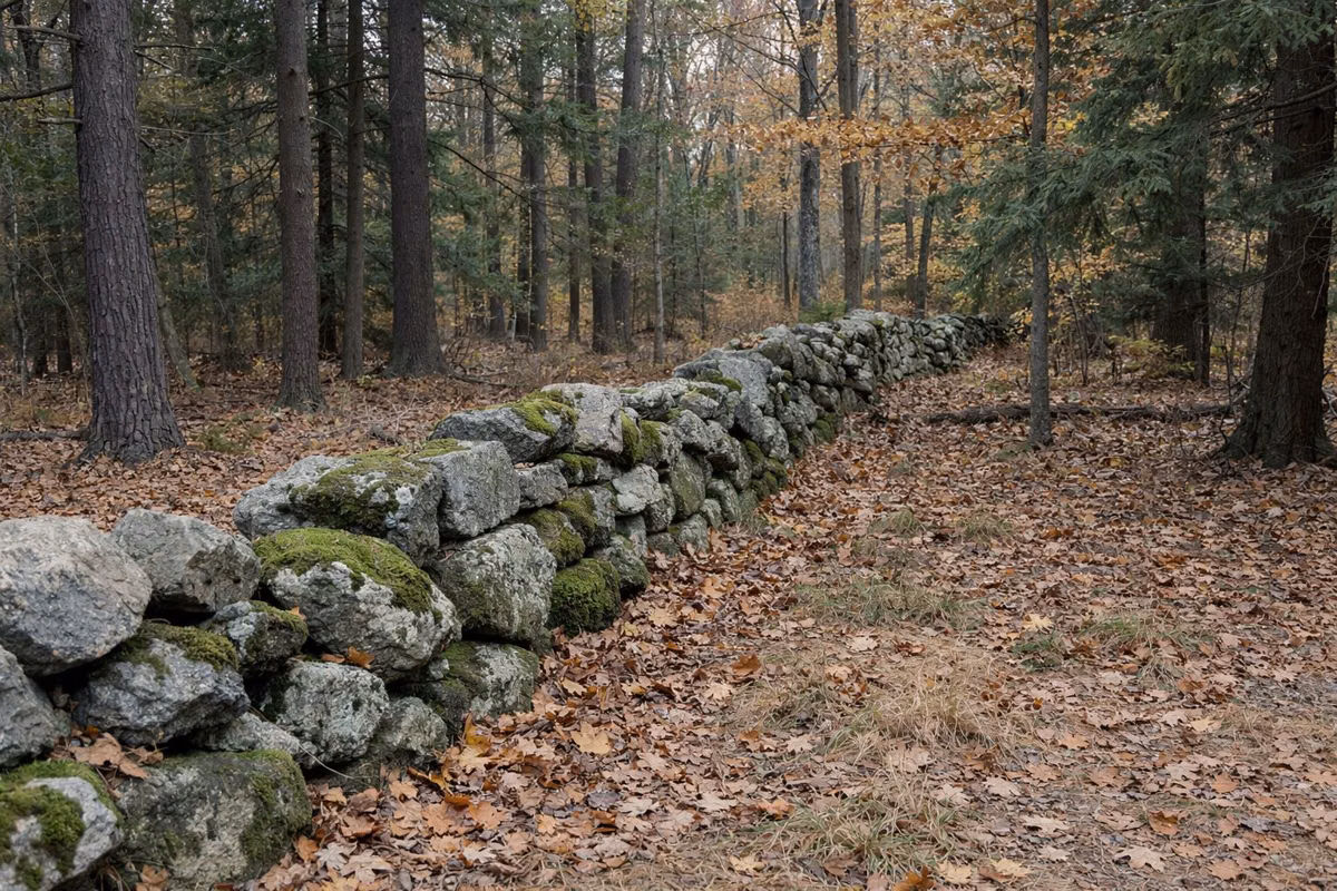 An old mossy fieldstone wall running through hardwood forest