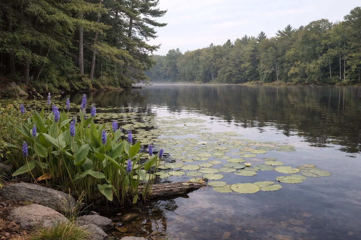 Pickerelweed and lily pads along the edge of a forest pond