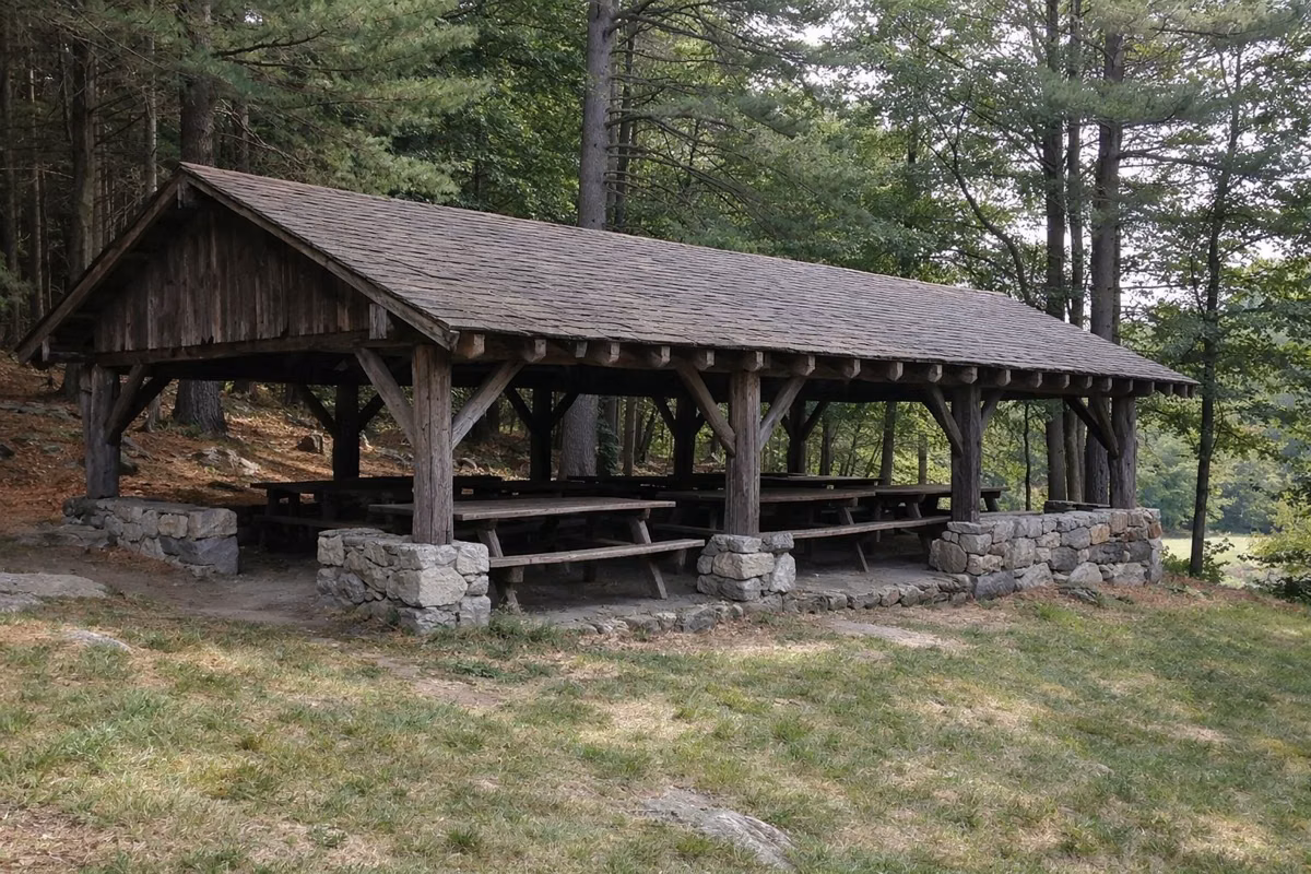 An open timber and stone picnic pavilion in pine woods