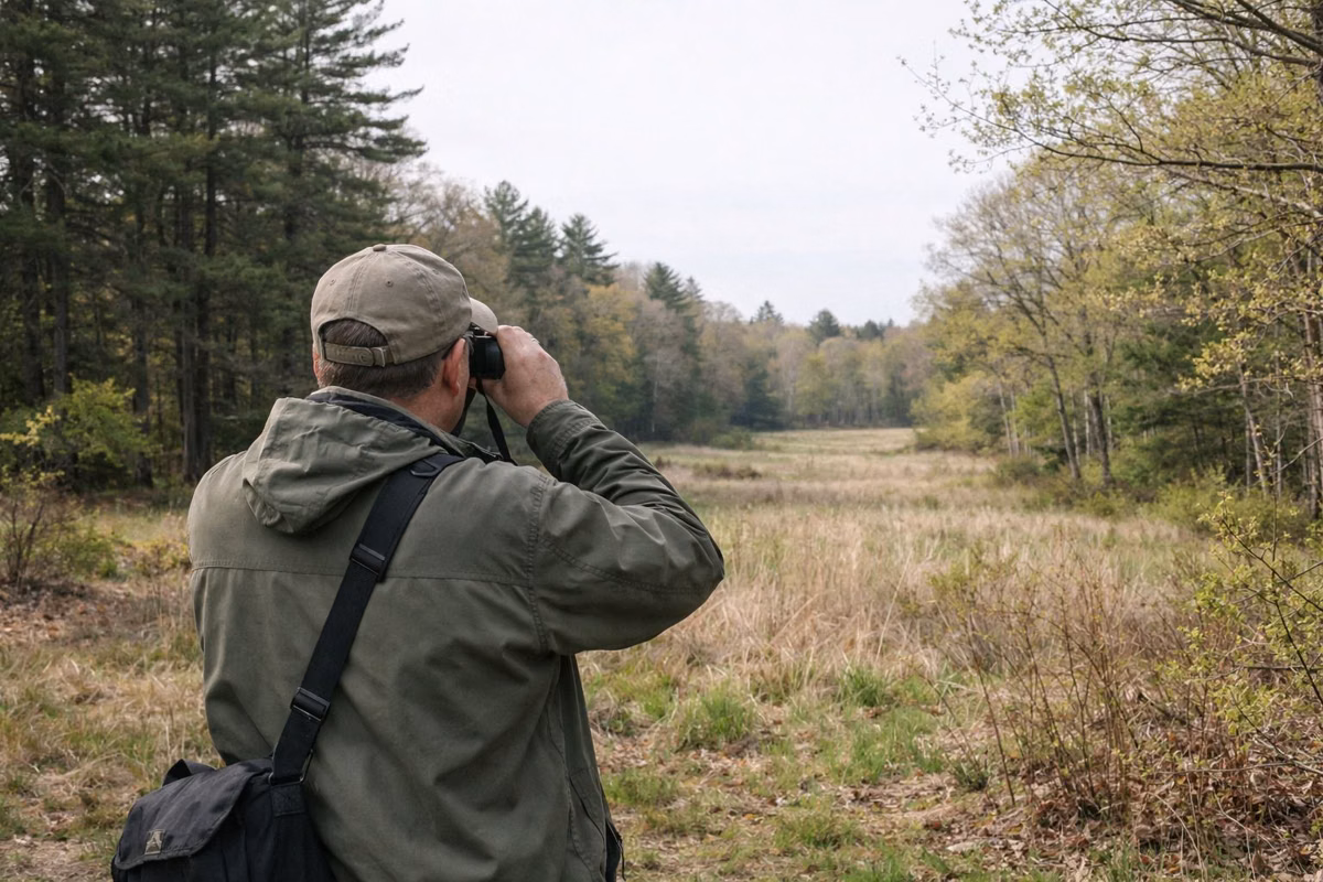 A birder with binoculars at the edge of a forest clearing