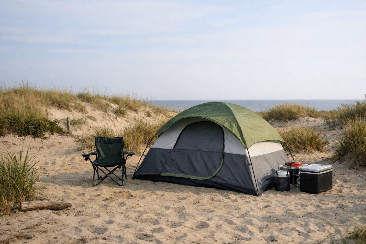 A tent at a sandy campground behind coastal dunes