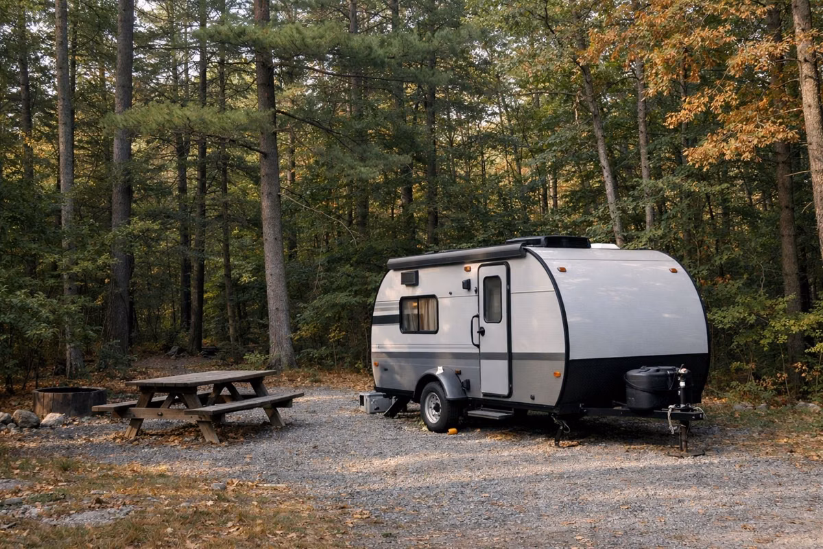 A small travel trailer at a gravel campsite among tall pines