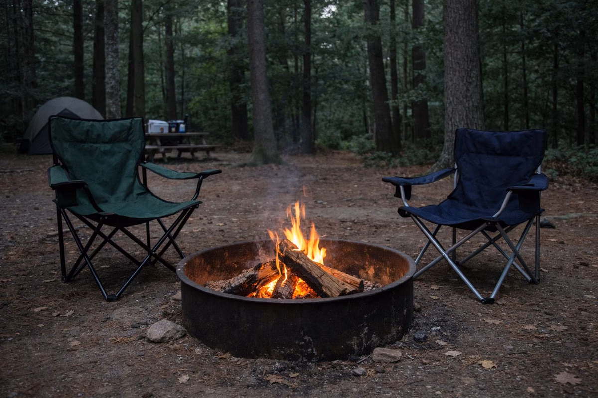 A small campfire in a steel fire ring at a wooded campsite