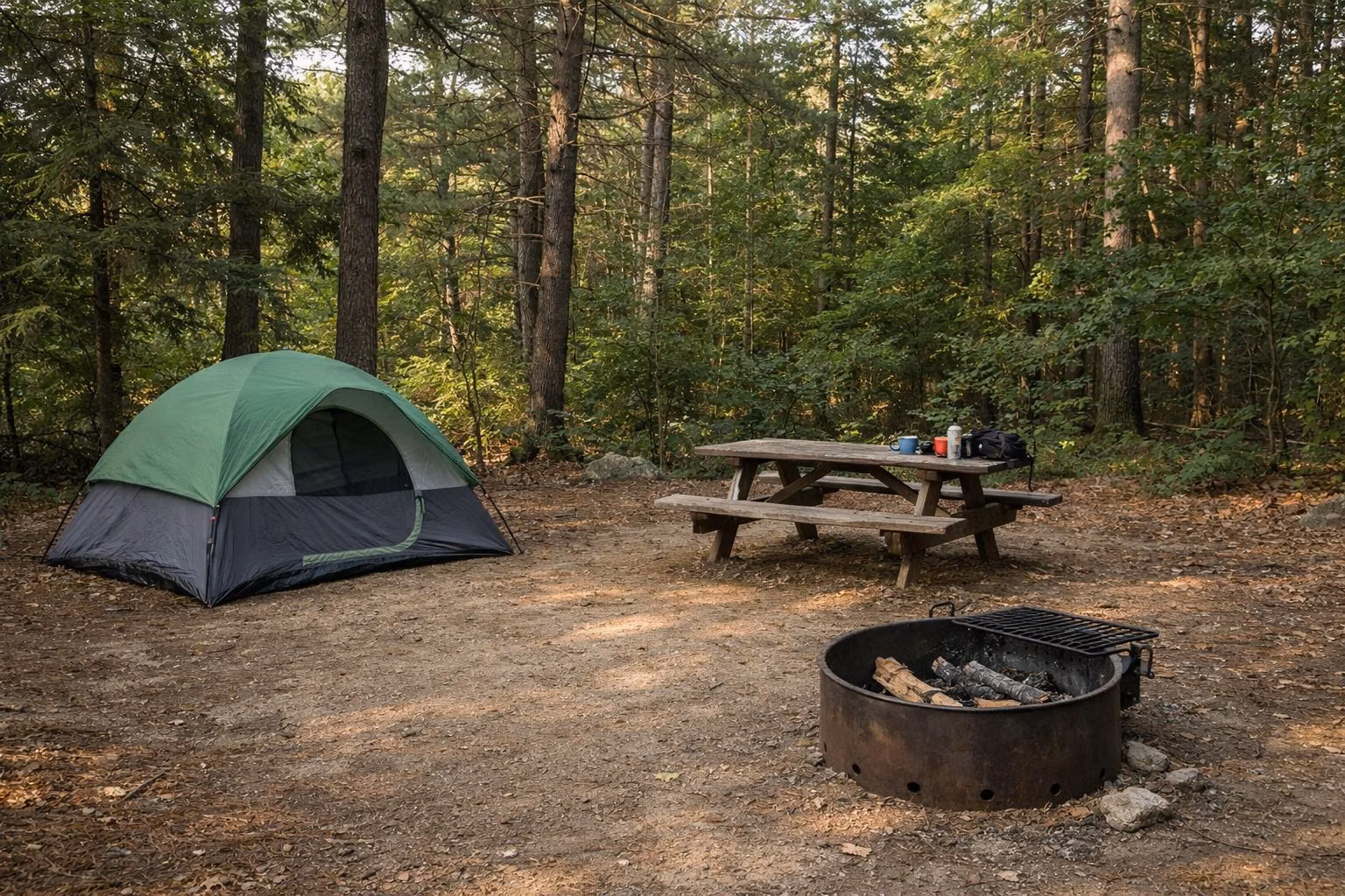 A wooded campsite with a tent, picnic table and fire ring under pines