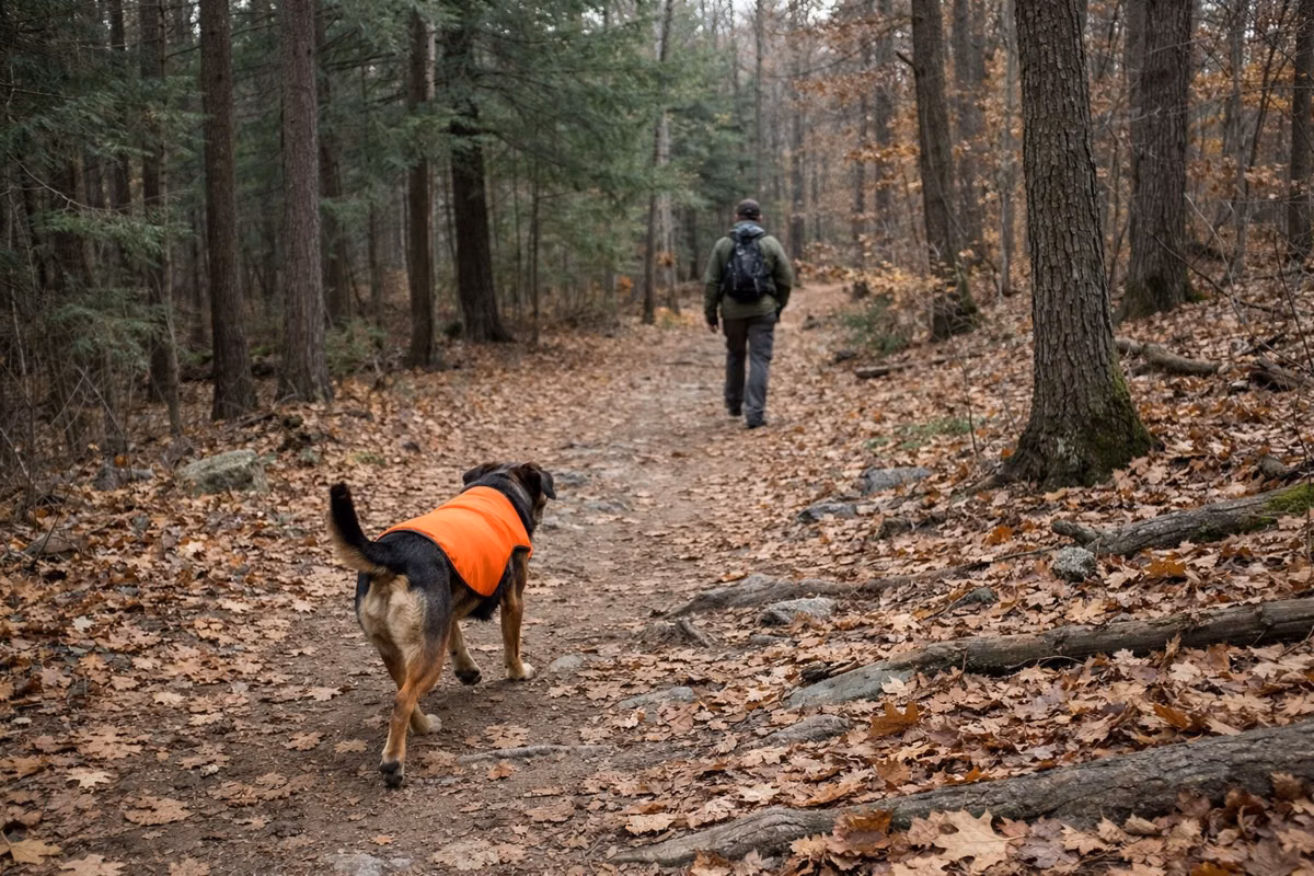 A dog in a blaze orange vest on a leafy woods trail
