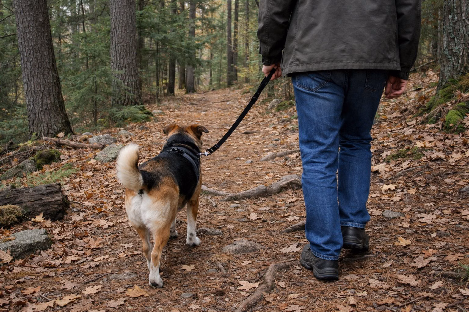 A leashed dog walking beside its owner on a forest trail