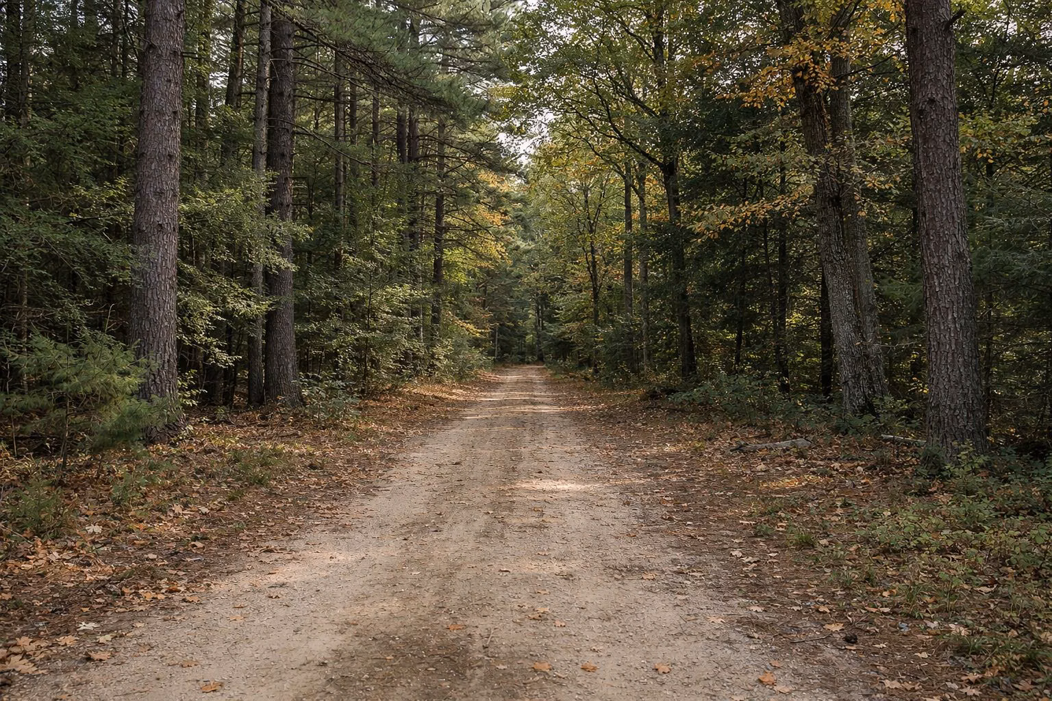 A wide dirt woods road through white pine and oak forest