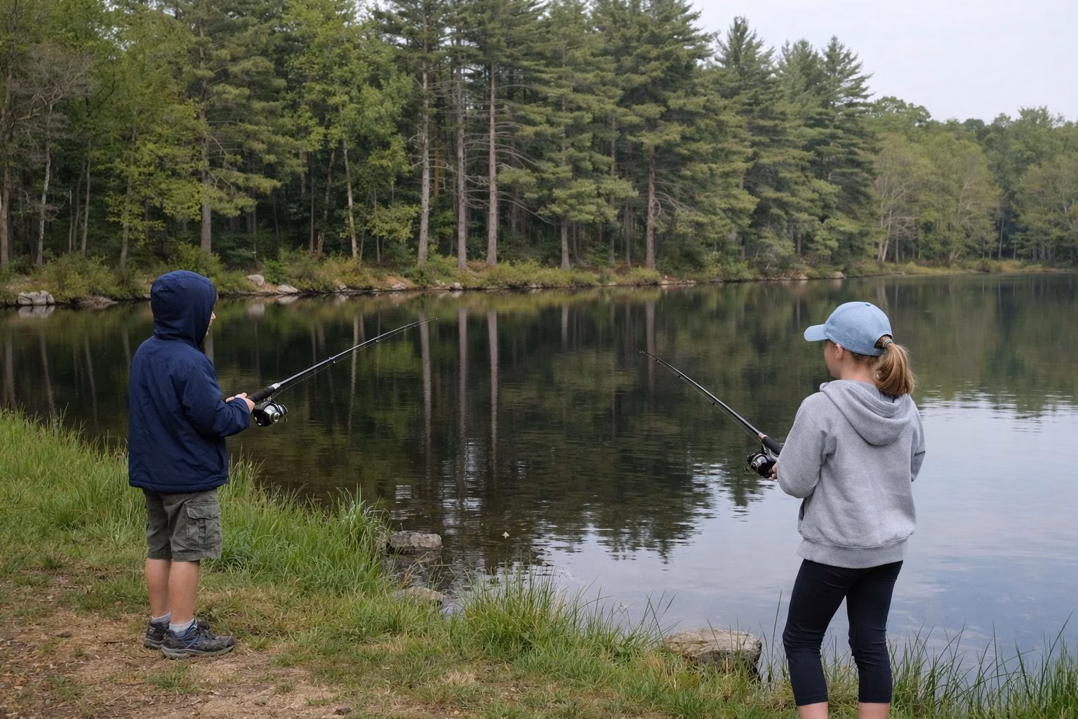 Two children fishing from a grassy pond edge