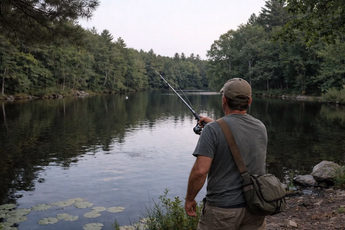 An angler casting from the shore of a quiet wooded pond