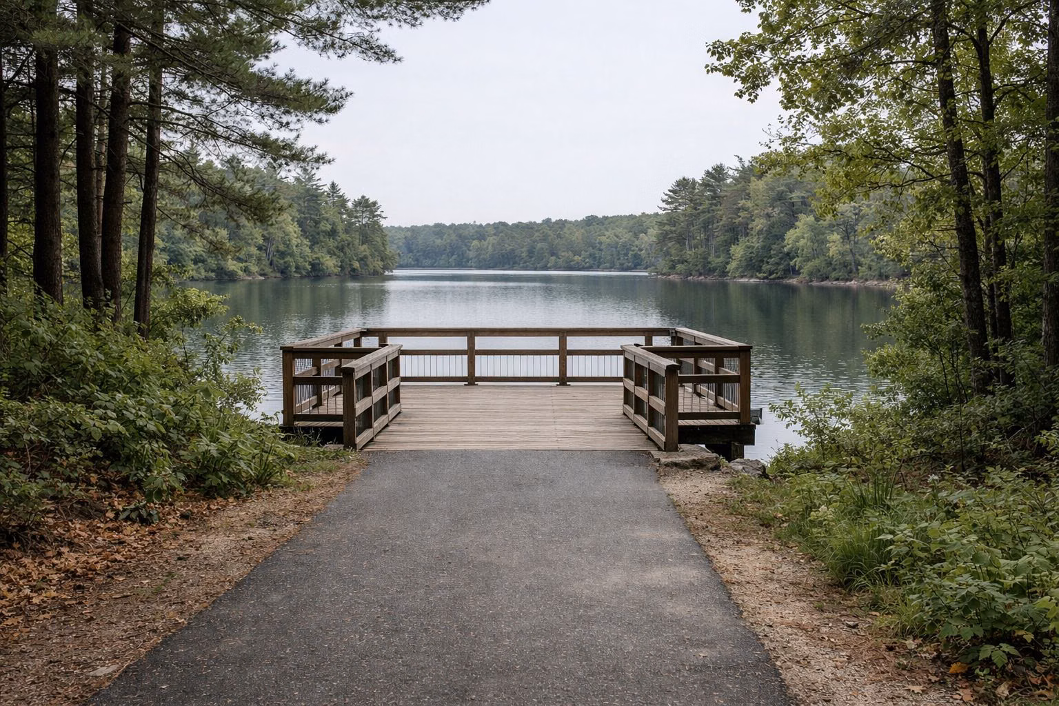 A paved accessible path ending at a boardwalk overlook above a calm reservoir