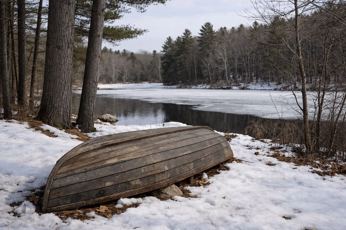 Overturned rowboat on a snowy pond shore under pines