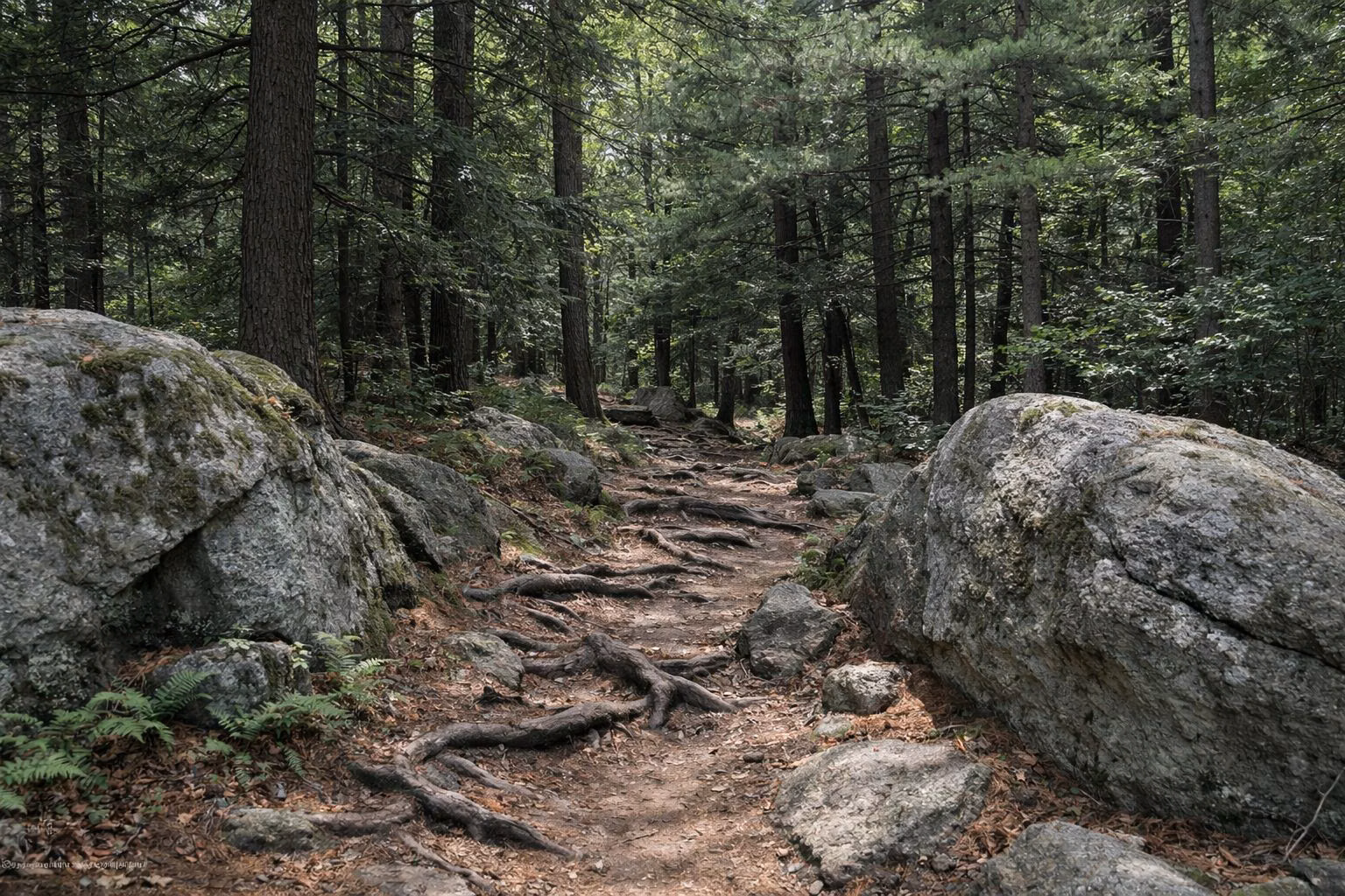 A narrow rooty footpath winding through hemlocks and boulders