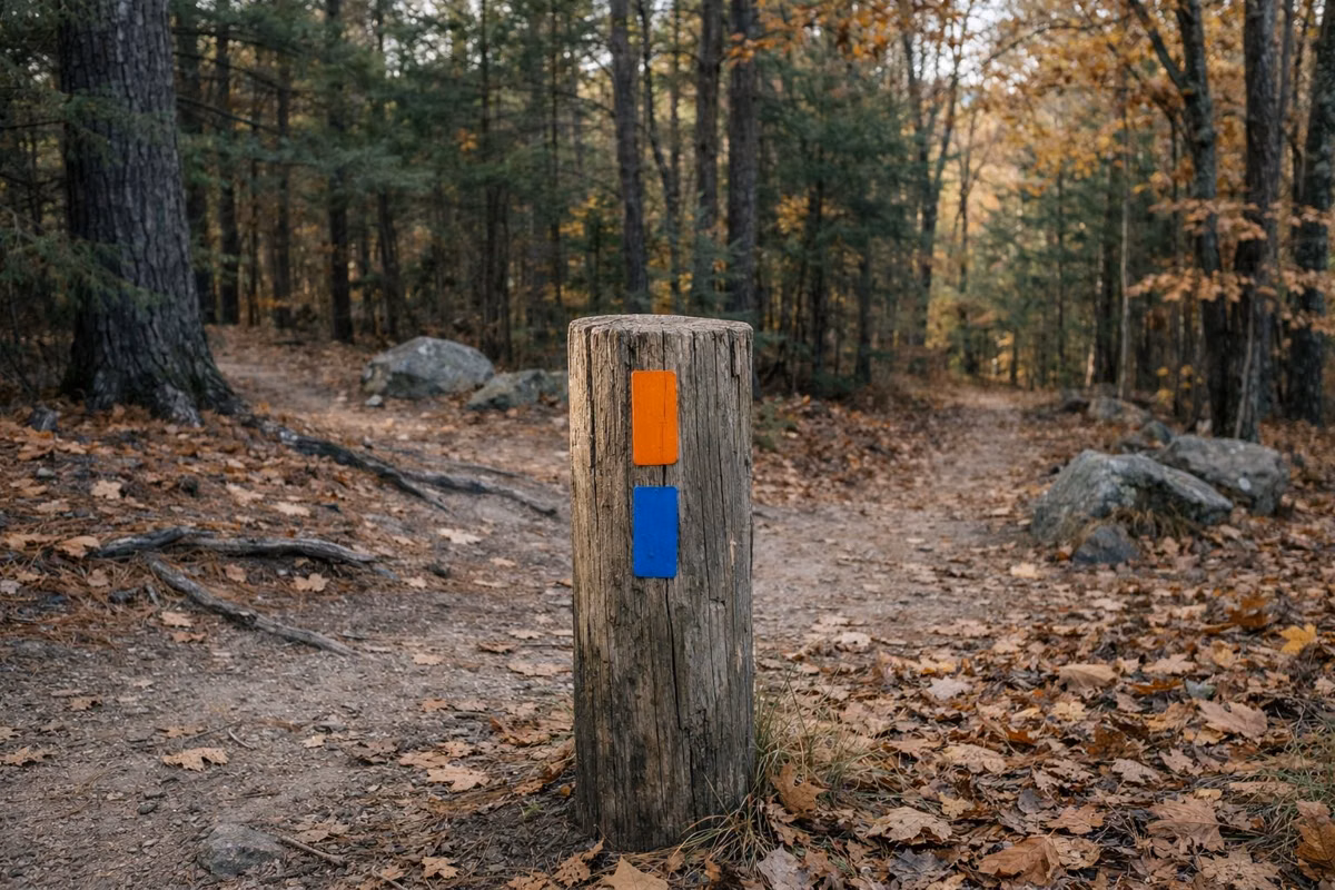 A weathered wooden post with colored markers at a woodland trail junction