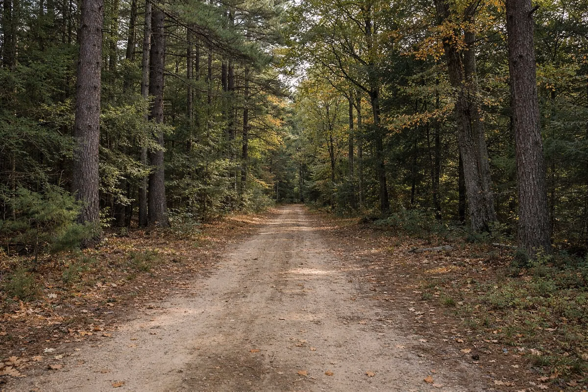 A wide dirt woods road through white pine and oak forest