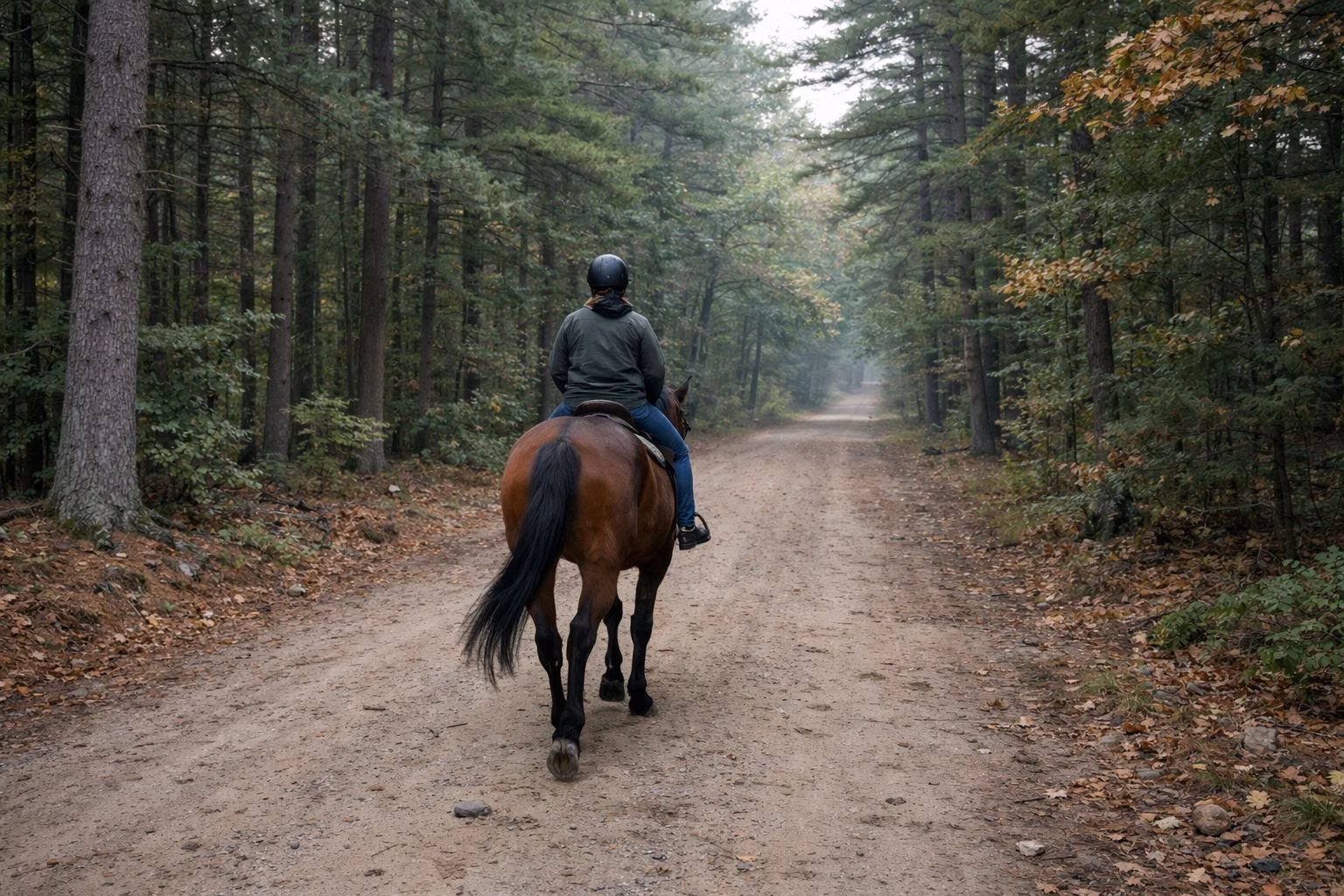 A horseback rider on a wide dirt forest road through pines