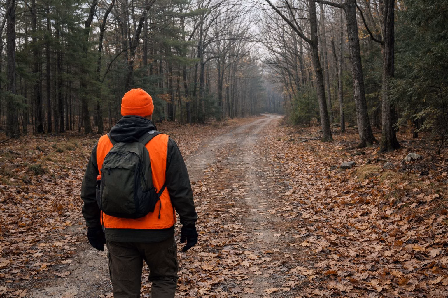 A hiker in a blaze orange hat and vest on a leaf-covered woods road