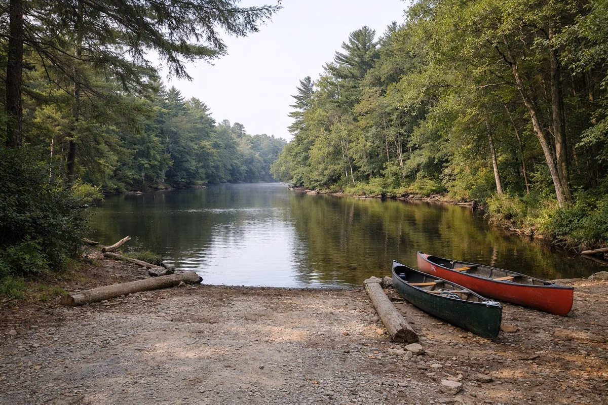 A gravel canoe launch on a slow, tree-lined river