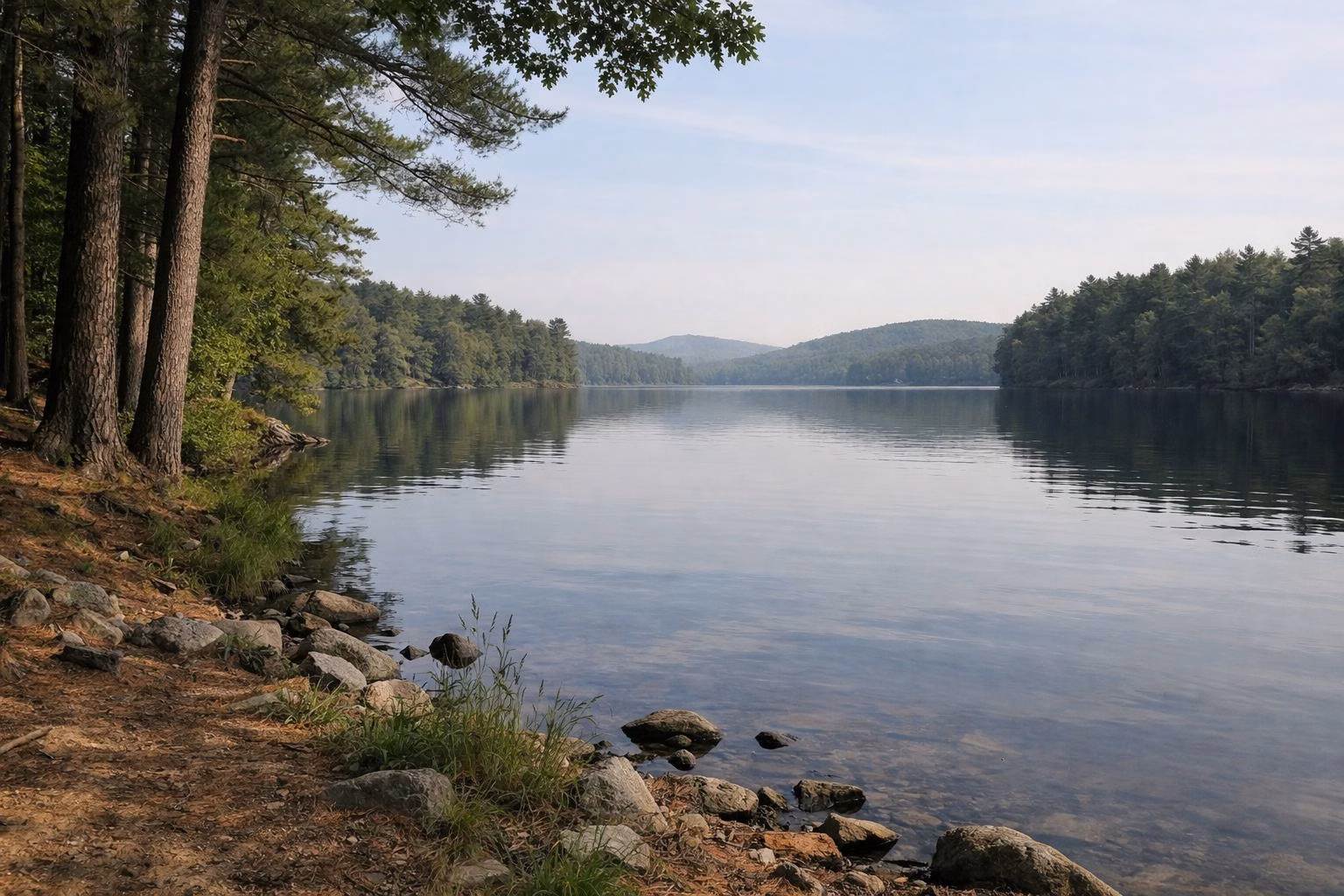 A long calm lake with wooded shores and low hills
