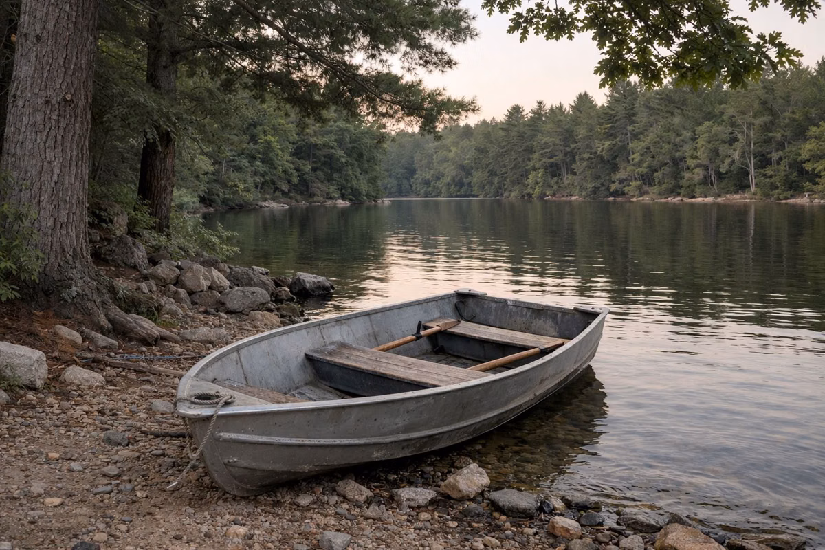 A small rowboat pulled up on a stony lakeshore