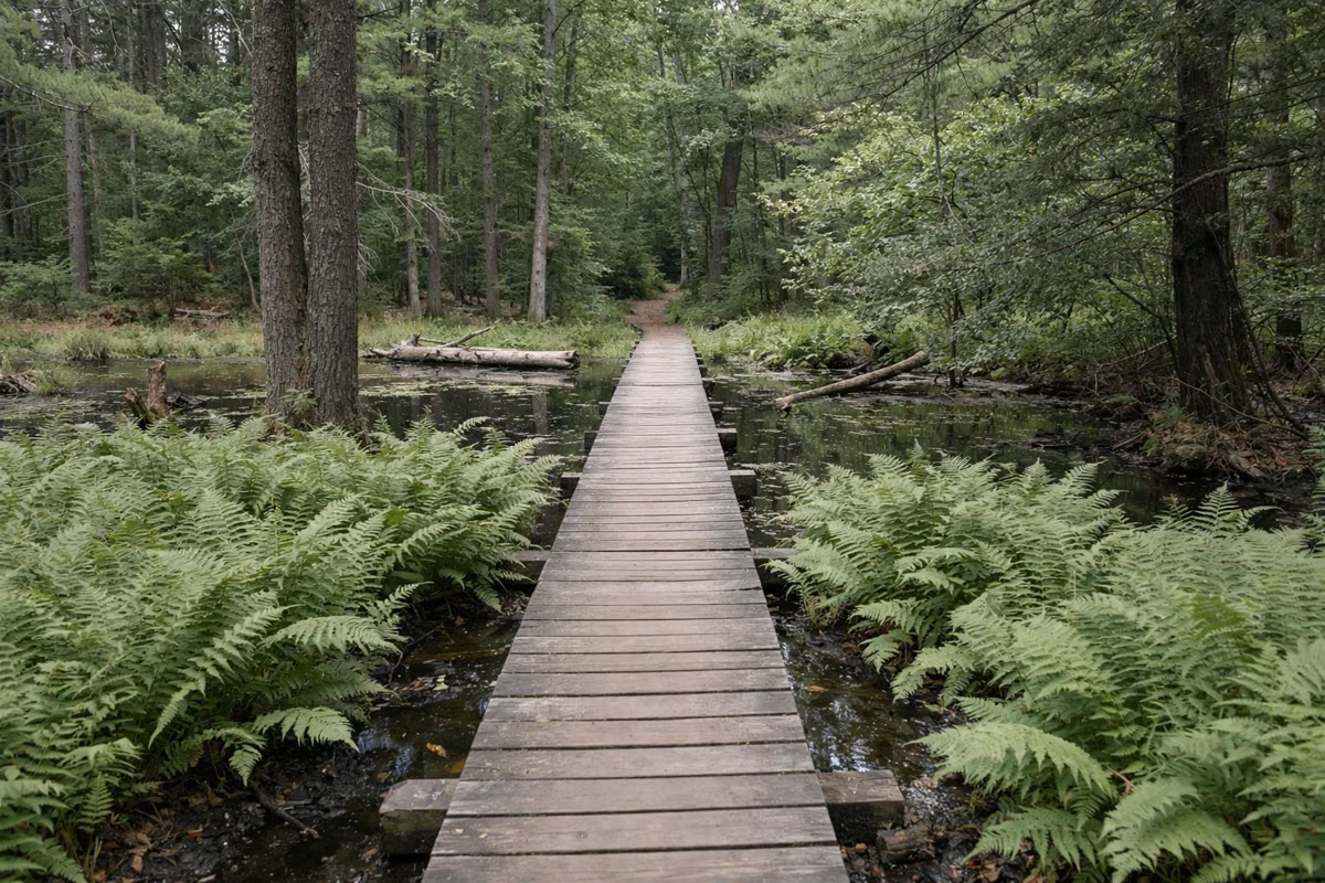 A narrow wooden boardwalk across a swampy patch of forest