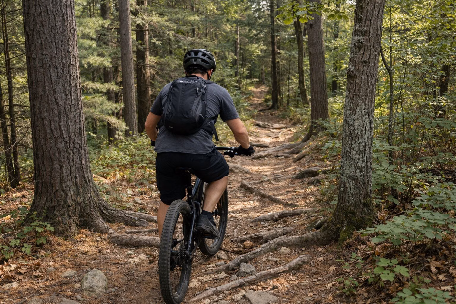 A mountain biker riding rooty singletrack through pine and oak forest
