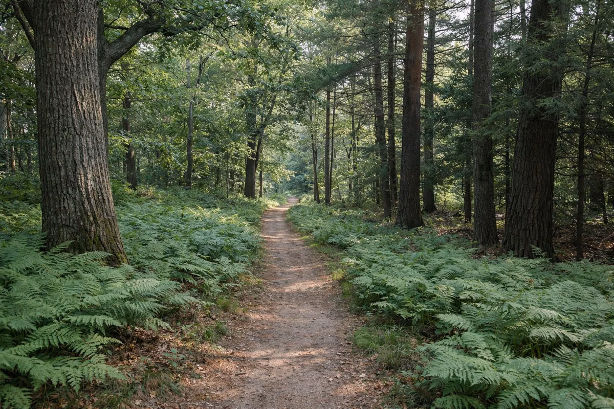 A quiet path through mature oak and pine forest