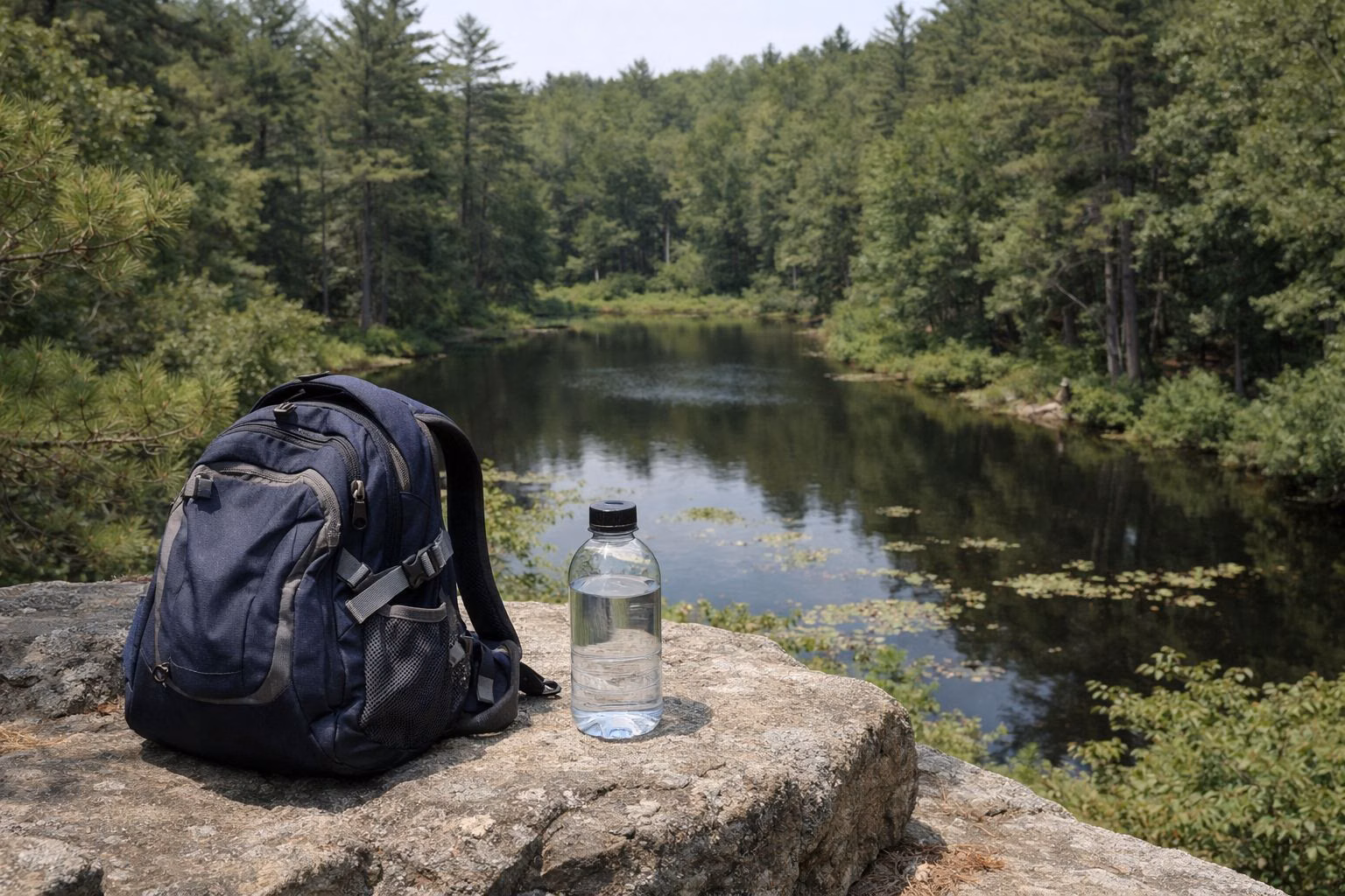 A daypack and water bottle on a boulder above a forest pond