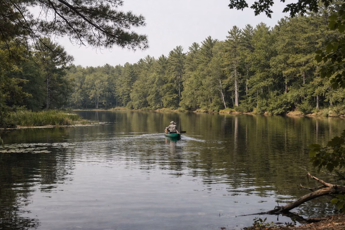 A canoe with one paddler on a calm wooded pond