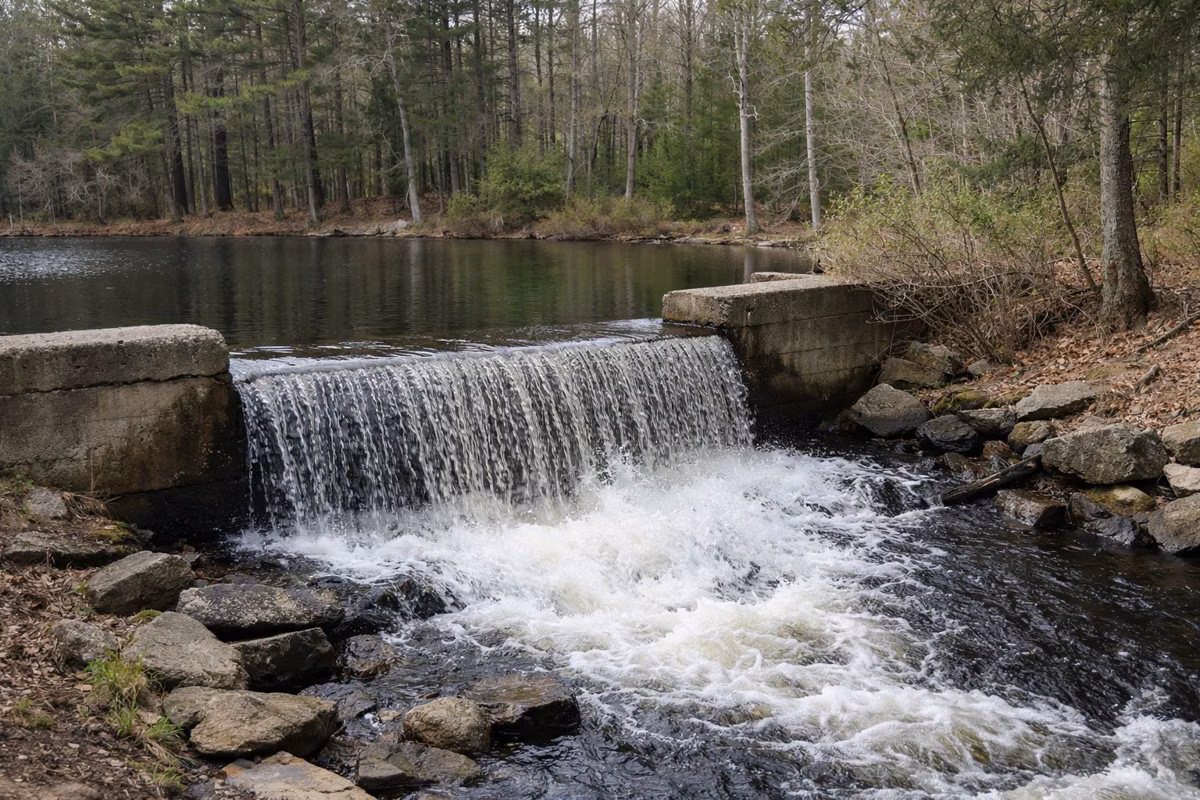 Water spilling over a small old concrete spillway into a brook