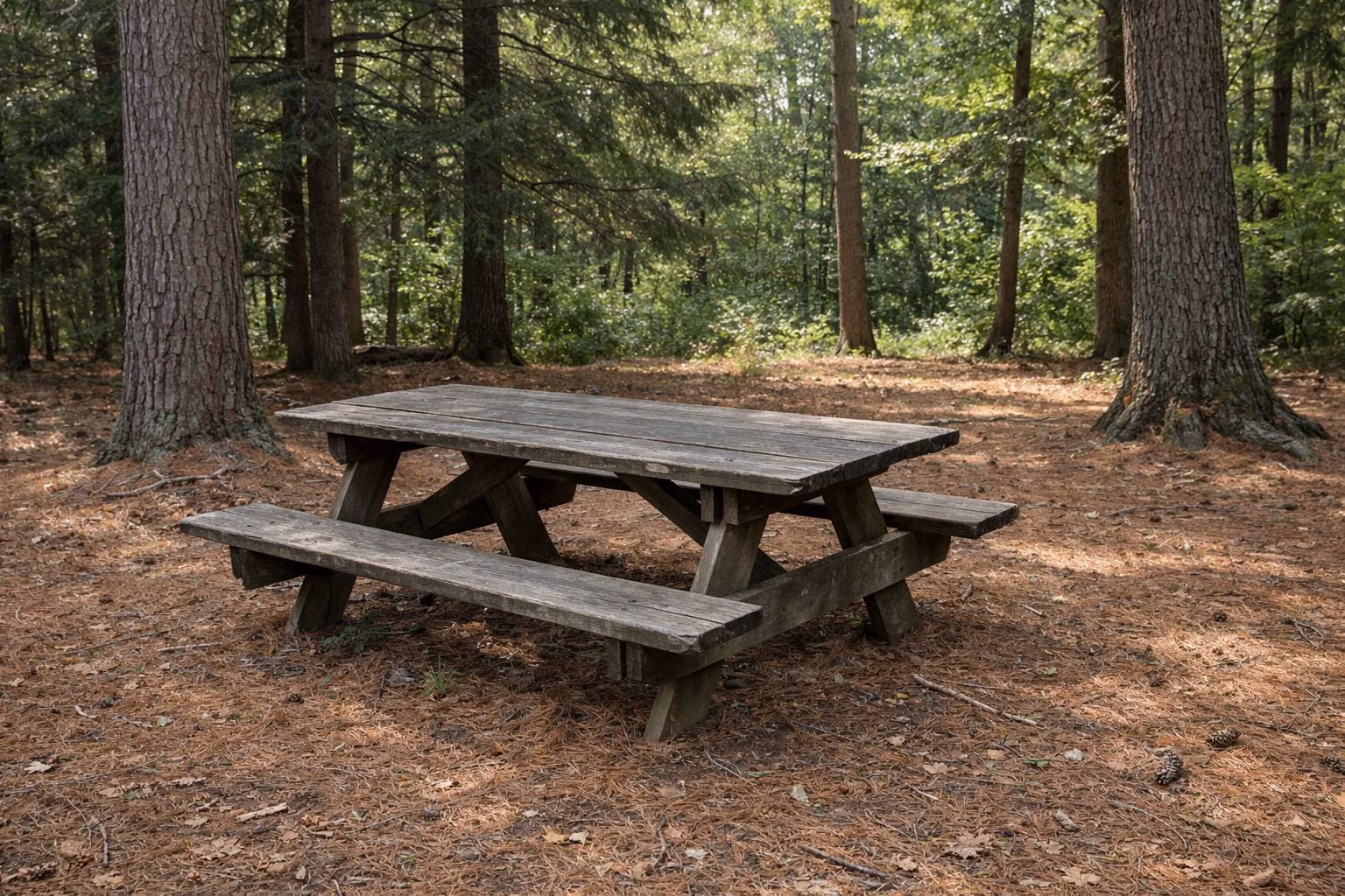 A weathered picnic table in a quiet pine grove