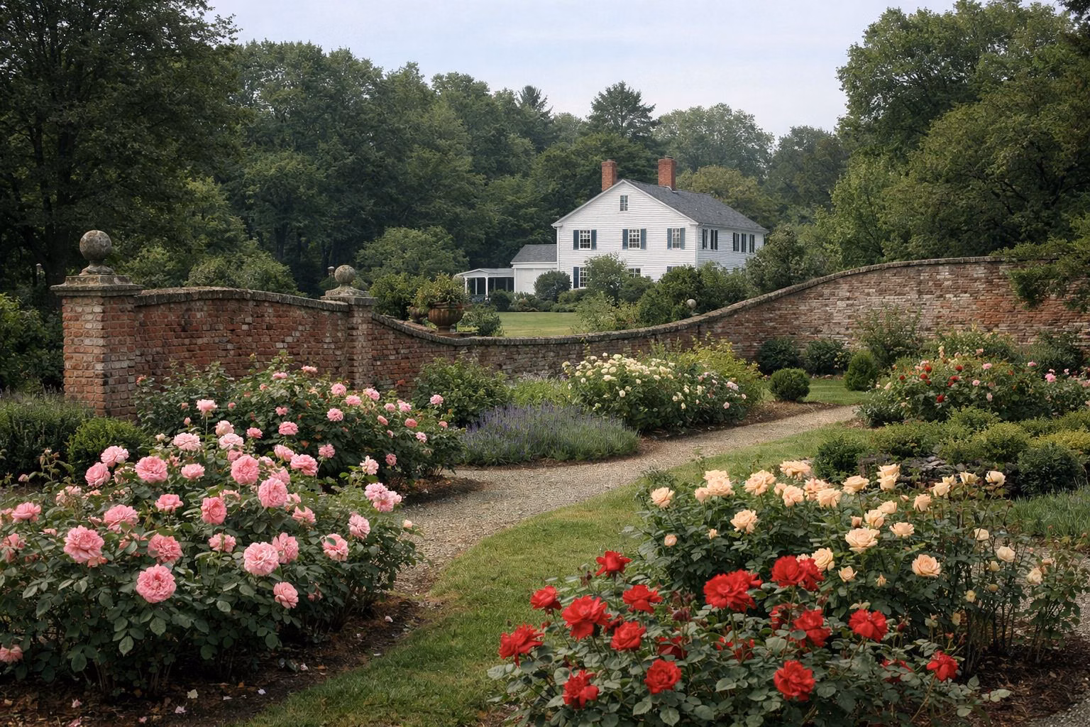A formal garden with rose beds and a curving brick wall