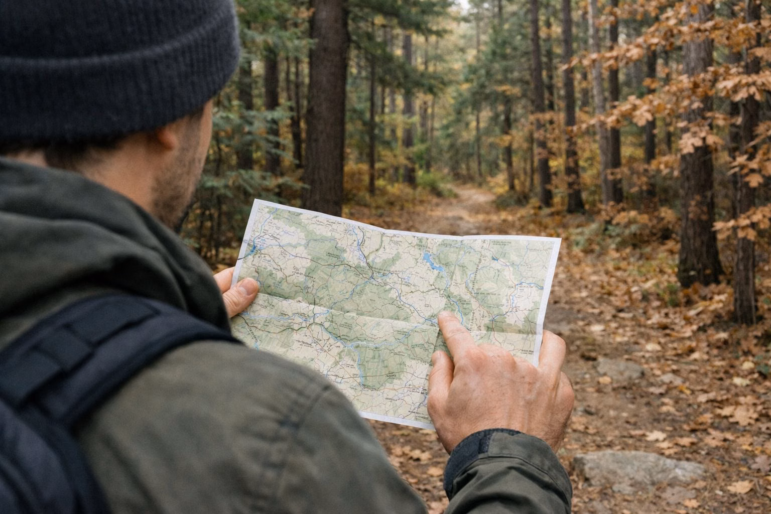 Hands holding a folded paper trail map on a forest path