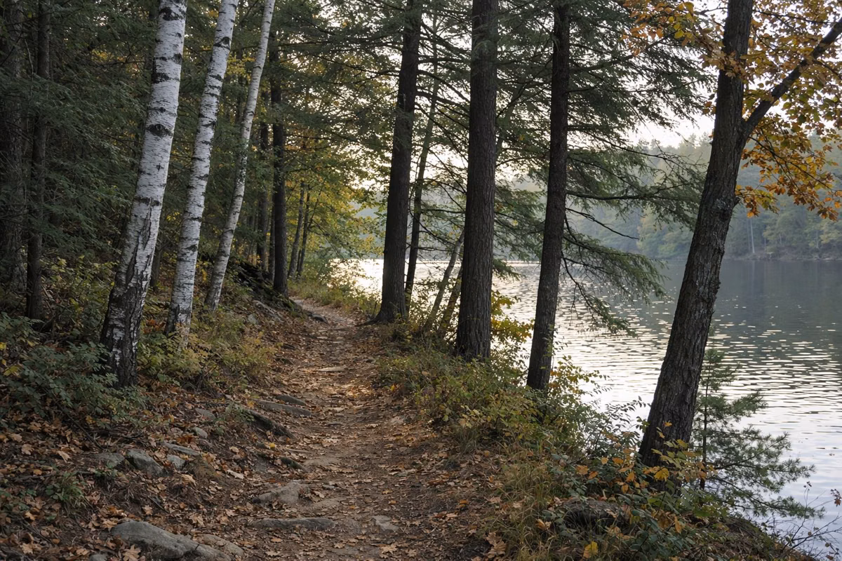 A narrow lakeshore trail through birches and oaks