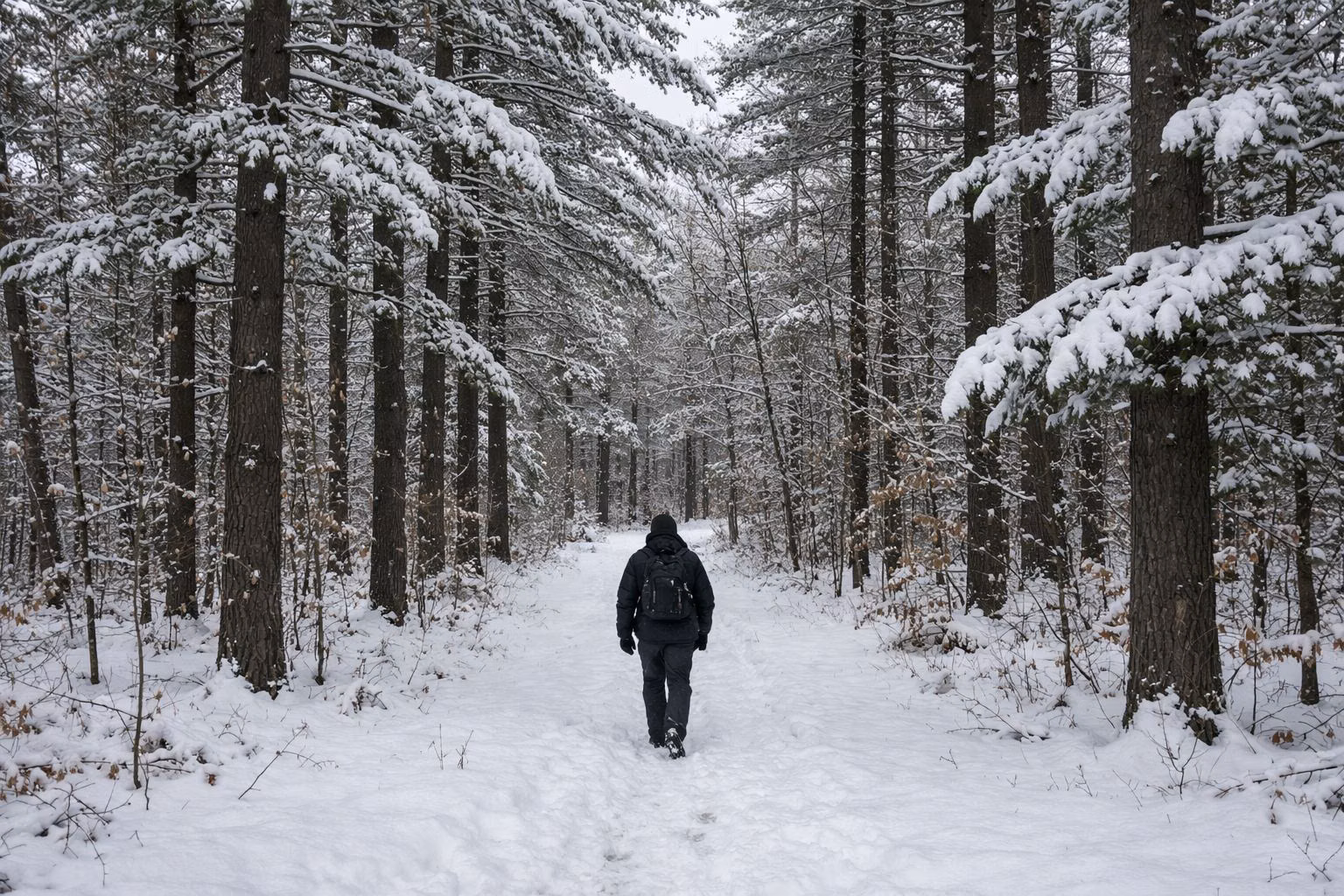 Walker on a snowy trail through tall white pines